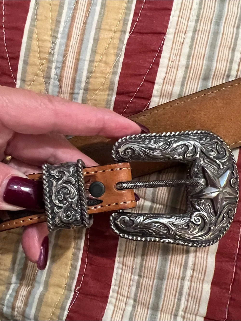 Justin Boots Brown Leather Western Belt with Ornate Silver Buckle